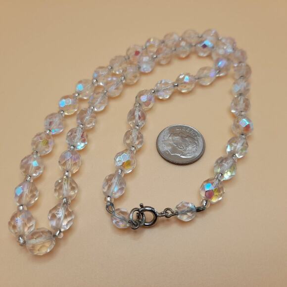 Vintage Clear Fire Polished Czech Bead Necklace, 19 Inch, 8mm AB Clear Crystal - Picture 9 of 10